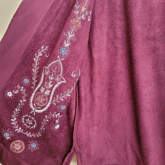 Soft Surroundings Womens Cardigan Sweater Size Large Maroon Embroidered Fleece - Picture 6 of 11